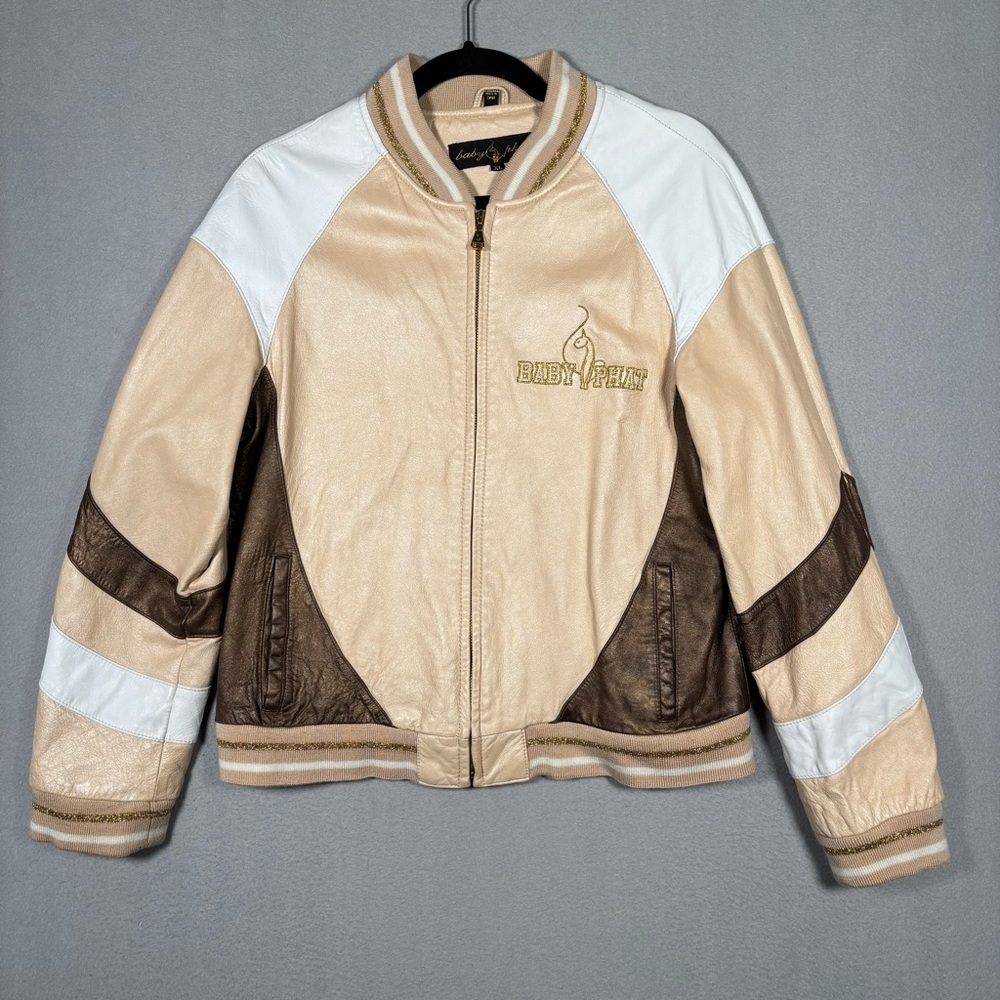 Vintage Baby Phat Leather Bomber Jacket Women’s X-Large Brown/Gold & White Y2K